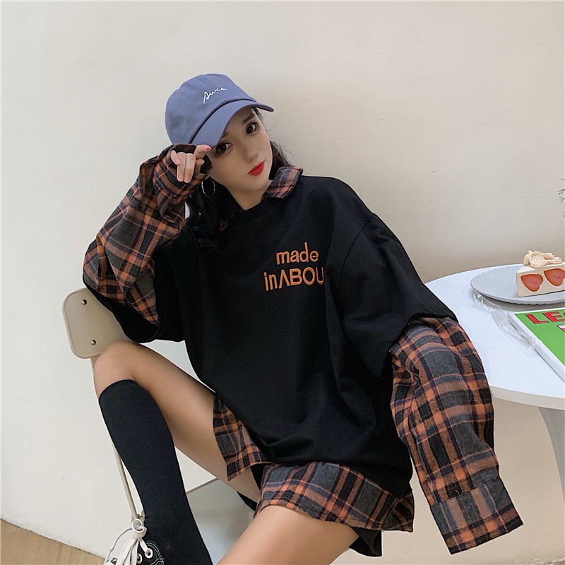 ZHELIHANGFEI Áo Nỉ Dài Tay Giả Hai Lớp Form Rộng Phong Cách Thoải Mái