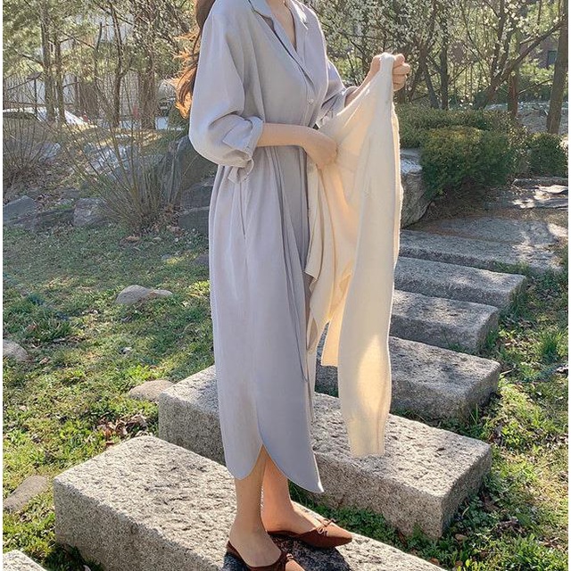 Đầm Cổ Bẻ Cột Dây Đơn Giản Phong Cách Hàn Quốc Cho Nữ