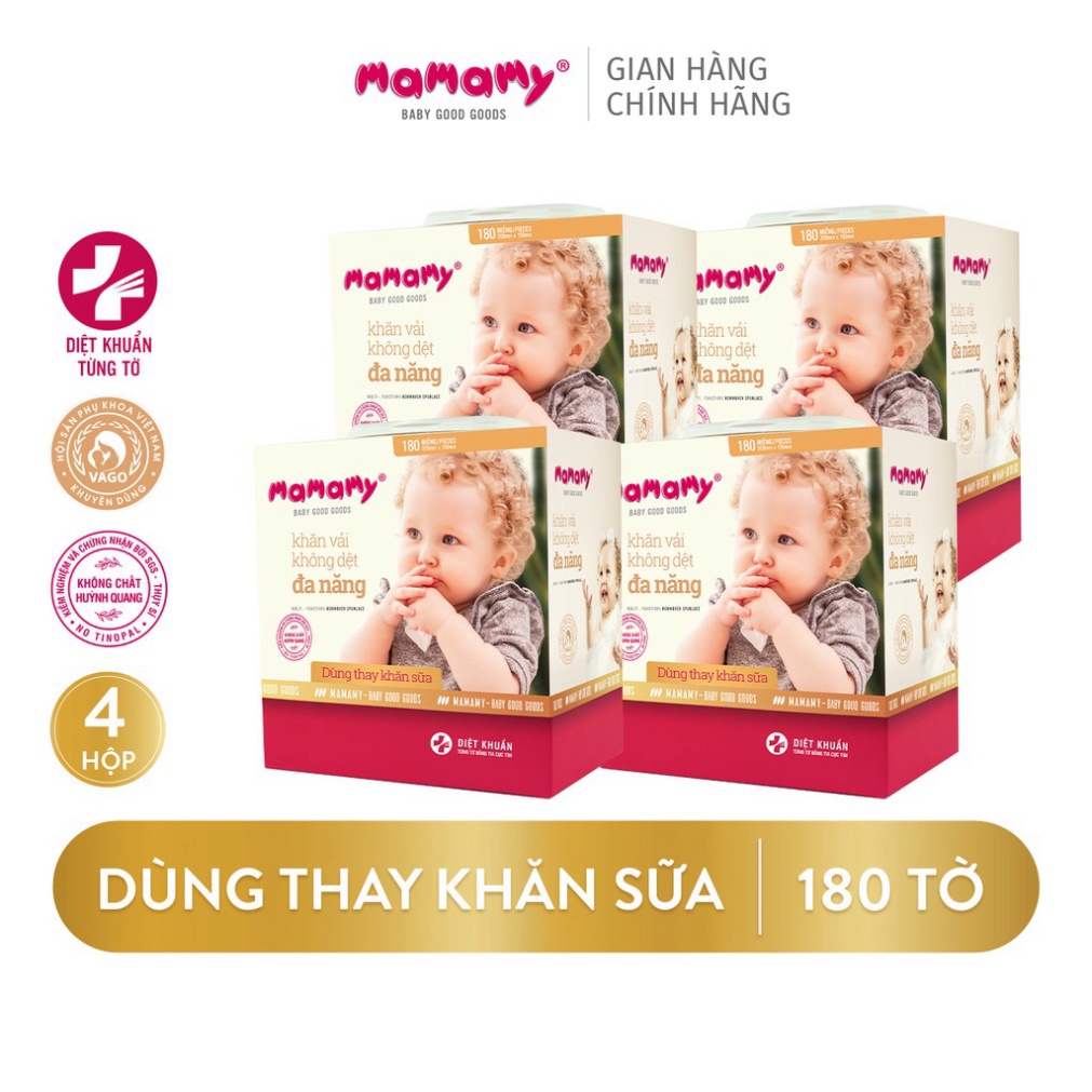 Combo 4 khăn khô đa năng Mamamy, dùng thay khăn sữa, không chứa huỳnh quang, hộp 180 tờ, an toàn cho trẻ sơ sinh