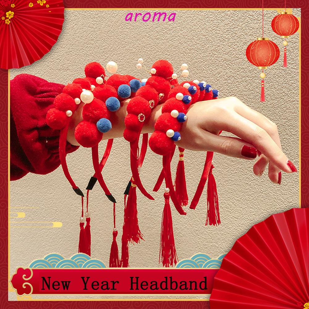 Băng Đô Cài Tóc Đính Núm Tua Màu Đỏ Phong Cách Opera Cổ Điển