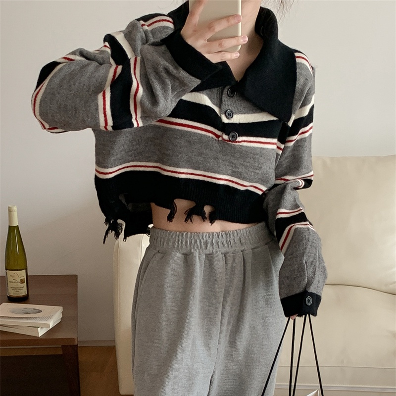 SUXI Áo Sweater Dệt Kim Tay Dài Hở Rốn Thời Trang Thu Đông Phong Cách Vintage