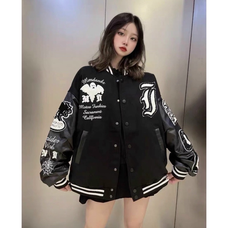 Áo khoác bomber GHOST vintage varsity chất vải dạ 2 lớp phối tay da PU cao cấp Unisex nam nữ