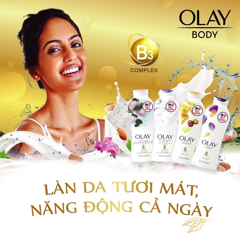 Sữa tắm dưỡng ẩm Olay 650ml Muối Biển Hạnh Nhân Hoa Lan Dâu Tây Bơ Hạt Mỡ Lavender Chống lão hóa Made in USA