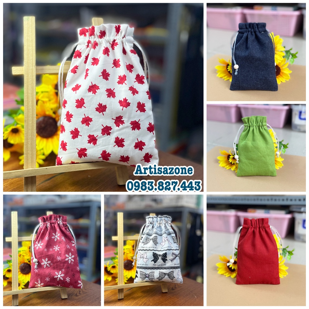 Túi vải dây rút họa tiết, kích thước: 19cm x 13cm - 01 chiếc - (Đọc kỹ mô tả sản phẩm)