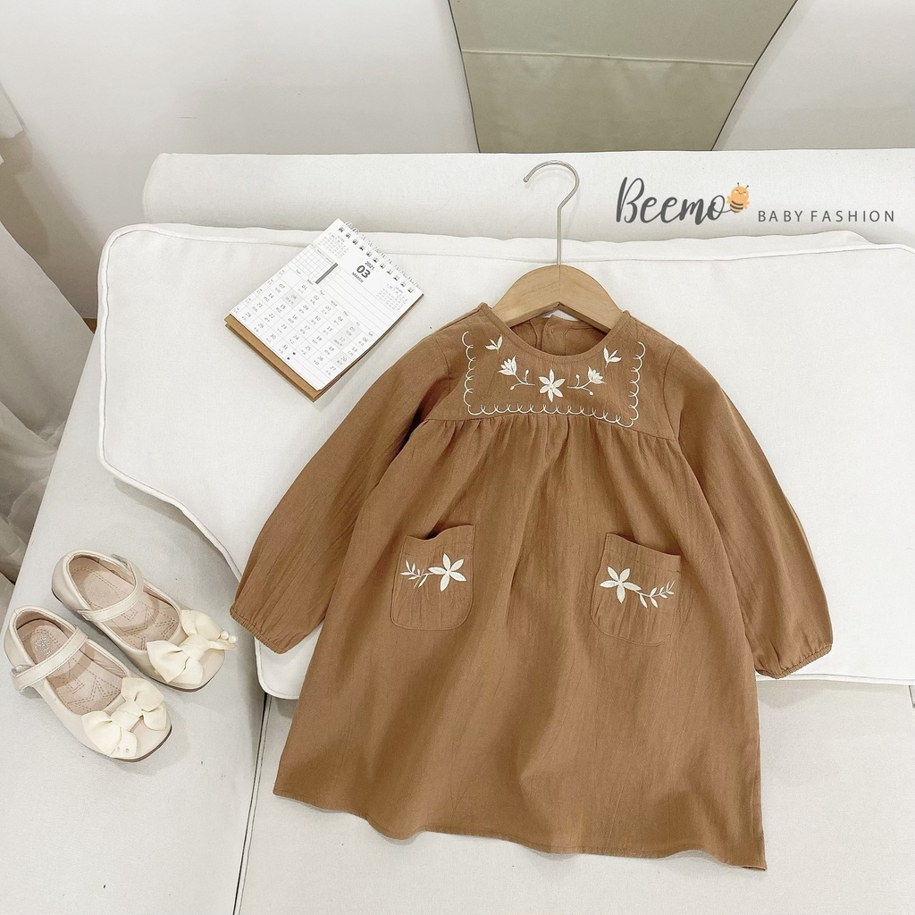 Váy thêu hoa cho bé gái Beemo, Chất liệu váy từ vải Linen mềm mịn, kiểu dáng babydoll phối tay bồng B231