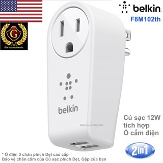 Củ sạc kiêm ổ cắm điện belkin boost↑up™ f8m102th 02 cổng usb-a 12w, công suất ổ cắm 3250w