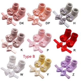 Set 2 Đôi Tất Cotton Đính Nơ + Băng Đô Dễ Thương Cho Bé