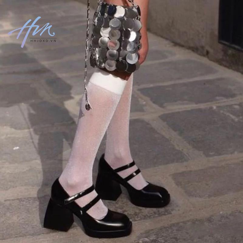 Giày Mary Jane Gót Cao Dày Dặn Mũi Vuông Phong Cách Thời Trang Retro Pháp 2022