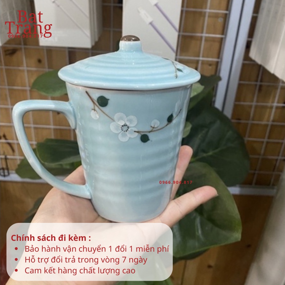 Cốc sứ uống nước có nắp men kem Bát Tràng vẽ tay 350ml, tiện lợi khi uống trà, cà phê - hàng có bảo hành