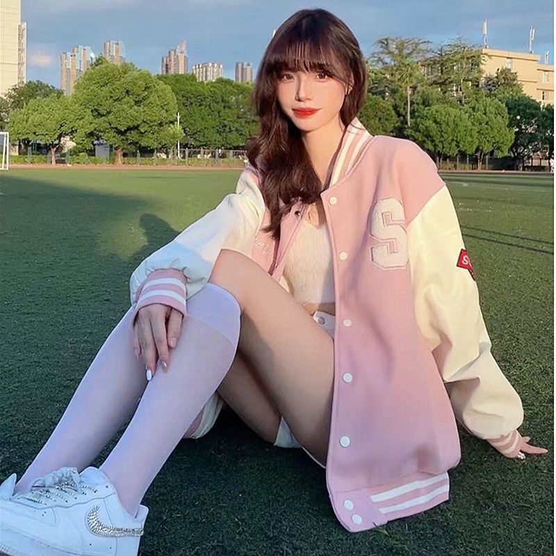 XIYUYI Áo Khoác Bóng Chày Dáng Rộng Màu Hồng Phong Cách vintage Mỹ Cho Nữ