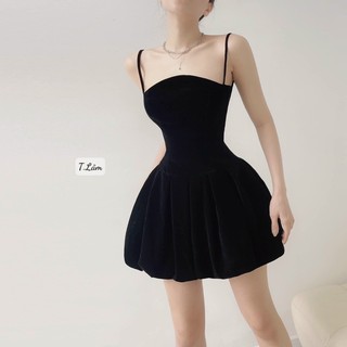 Đầm dáng xoè bồng hai dây chất nhung