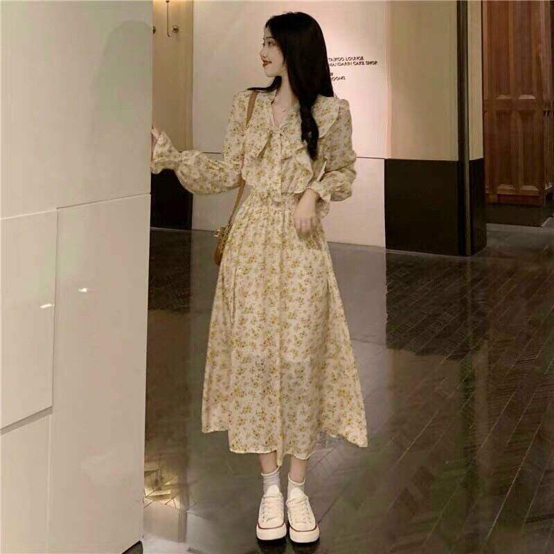 (FreeShip 2022) Đầm tiểu thư dáng xòe,đầm hoa nhí tay dài phồng cột nơ,tone màu dễ mặc diện đi đâu cũng xinh