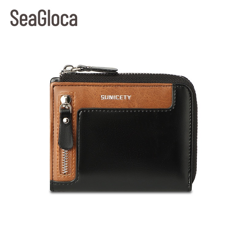 SeaGloca Ví Da Nam Dáng Gập Đa Năng Có Khóa Kéo Thời Trang