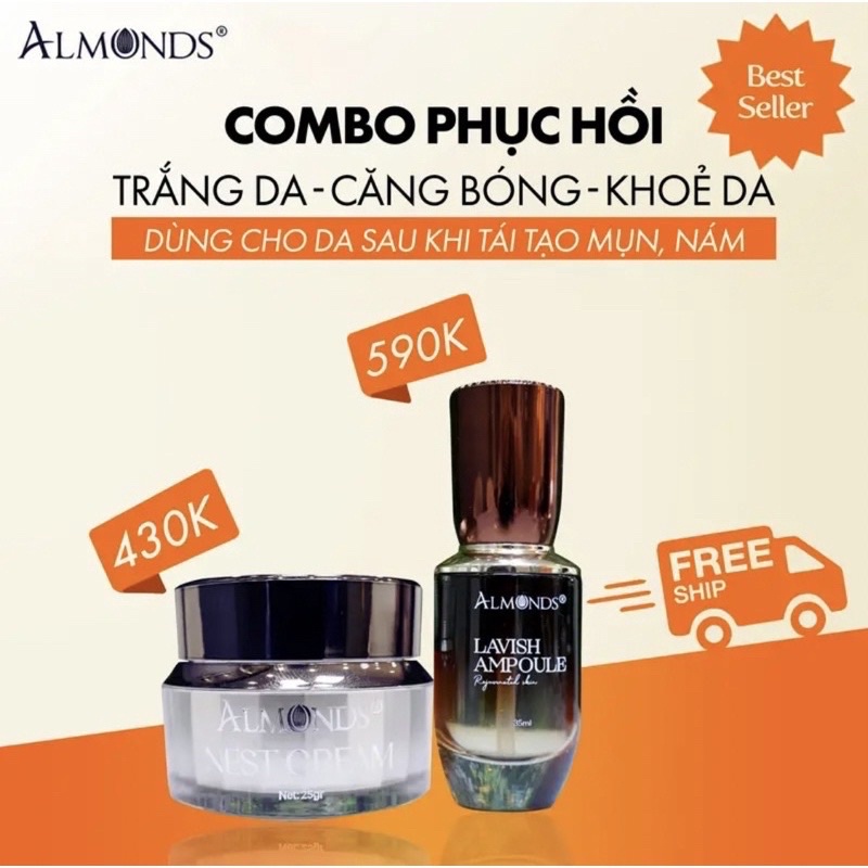 Combo 3 Phục Hồi - Trẻ Hoá - Trắng Khoẻ Da Almonds/tặng 1 chống nắng nhỏ 15g