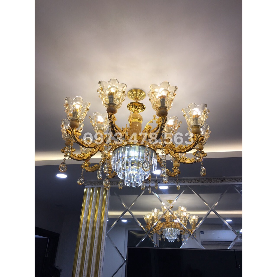 Đèn chùm 15 tay chao đá đúc dây đèn chỉnh được cao thấp tùy ý ứng dụng trang trí phòng khách,sảnh