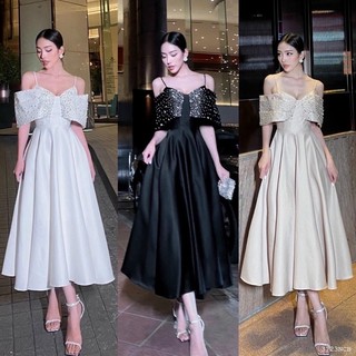 Đầm tafta xoè dài bẹt trễ rớt vai đính hạt Đen Trắng Nude đi chơi dự tiệc sang trọng quý phái sinh nhật party hotgirl tk