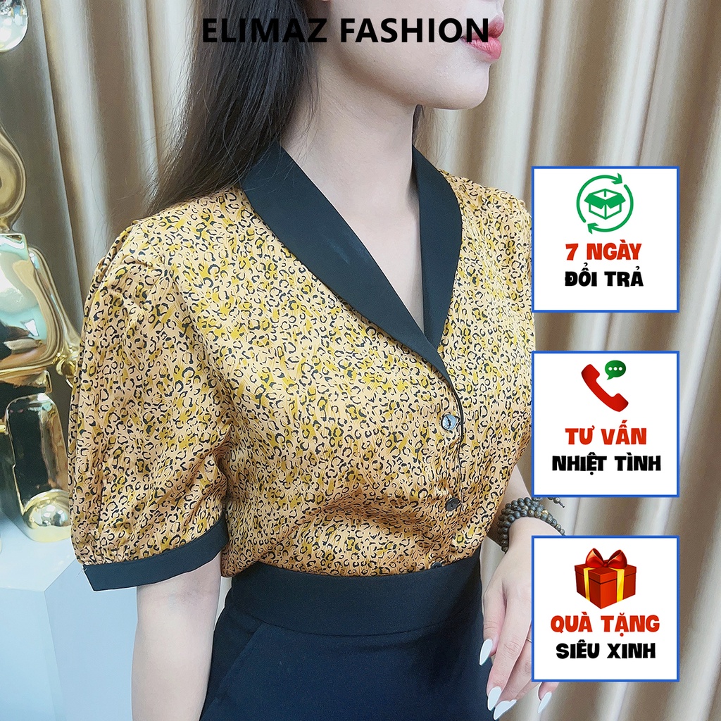 Sơ Mi Nữ [ ELIMAZ ] Sơ mi nữ hoa cổ sen cộc tay hoạ tiết báo, EA22.144