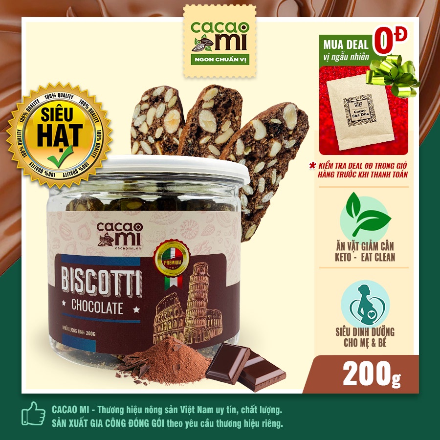 Bánh Biscotti Chocolate vị Socola CACAOMI siêu hạt dinh dưỡng, hỗ trợ ăn vặt giảm cân ăn kiêng healthy Eat Clean hũ 200g