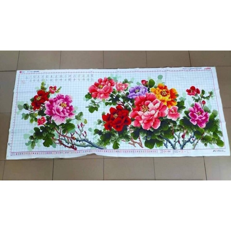 tranh thêu hoa mẫu đơn khổ lớn 190x90cm đã thêu chưa khung