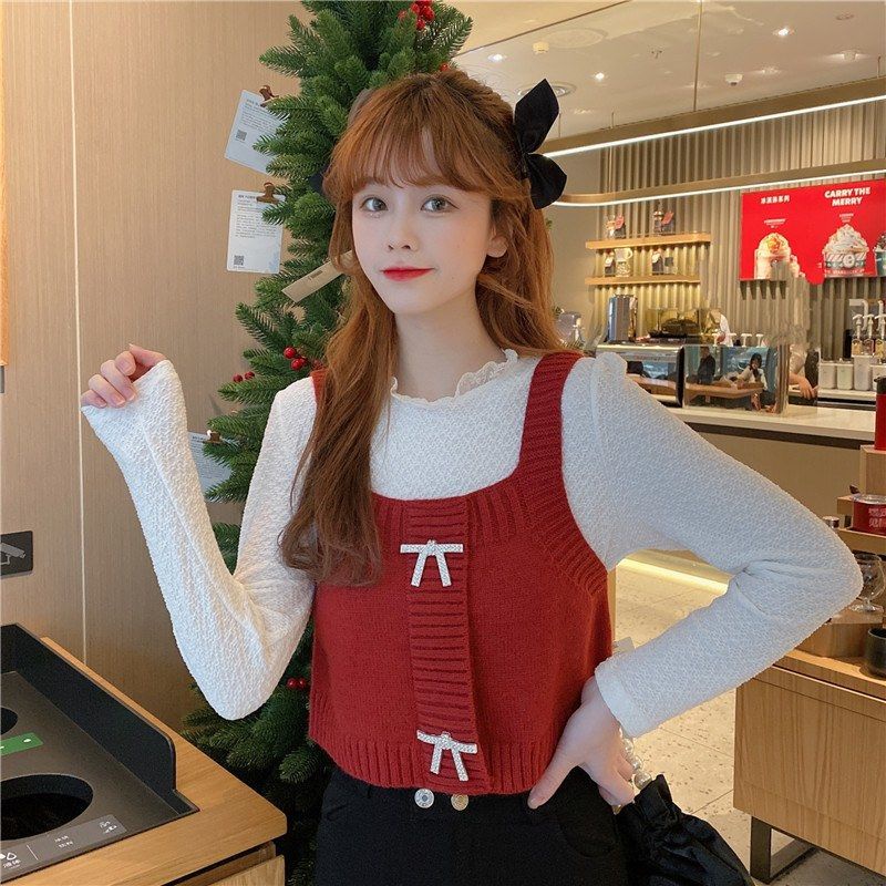 Áo Len Dệt Kim Không Tay Thắt Nơ Phong Cách Thời Trang Mới