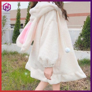 Áo khoác lông cừu có mũ trùm đầu đính tai thỏ dễ thương xinh xắn