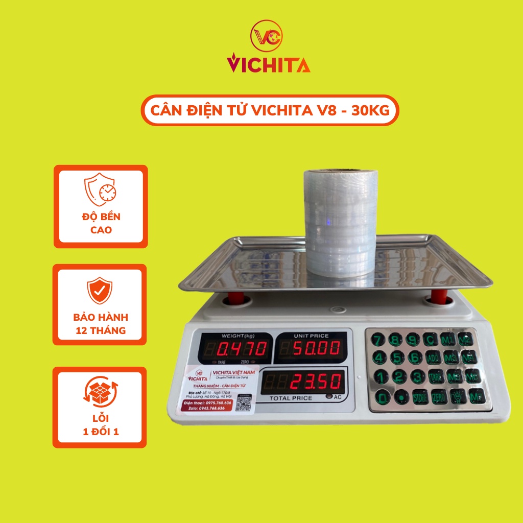 Cân Điện Tử Tính Tiền VICHITA V6 - Cân 40kg/2g - Màn Hình Cân Led Đỏ Hiển Thị 2 Mặt Trước Sau