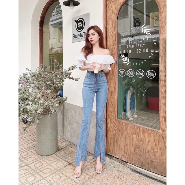 Quần jeans ống loe xẻ form dài