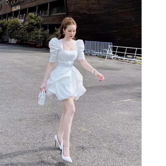 Váy nữ trắng đầm dự tiệc tay bồng dáng xoè sexy siêu xinh