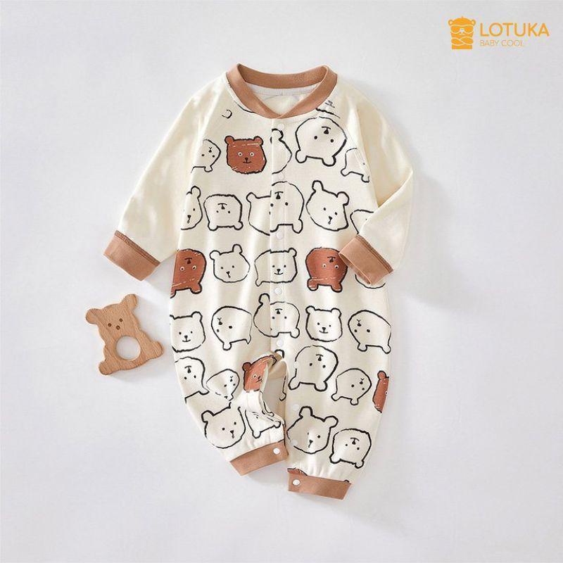 Bodysuit Cho Bé LOTUKA In Gấu Xinh Xắn, Đồ Liền Thân Dài Tay Cúc Dọc Thu Đông Chất Thun Mềm Mịn Size 3-12Kg