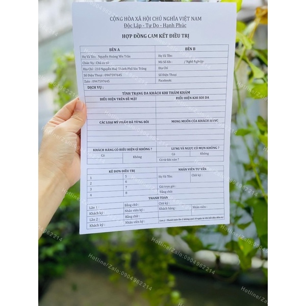 Hợp đồng  + cam kết liệu trình cho spa.