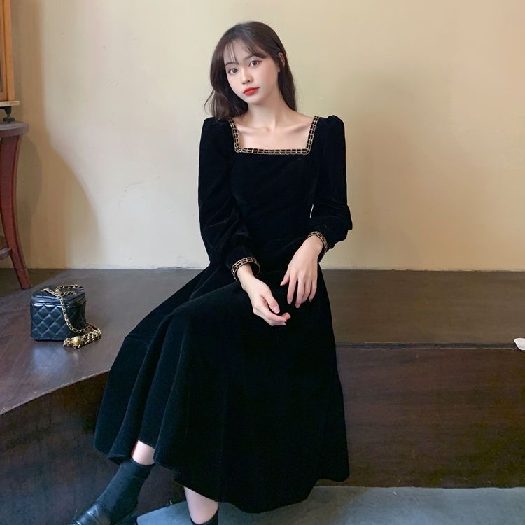 Váy đầm nữ Bigsize Đầm dự tiệc sang trọng dáng ôm tay dài cổ vuông nhung đen mùa thu Phong cách Hàn Quốc Thời Trang cá tính xinh đẹp cho người mập béo nữ
