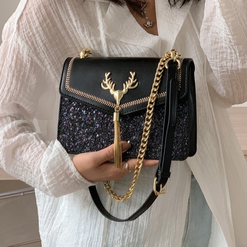 Giỏ , Túi Xách Nữ Da Phủ Kim Tuyến Hình Hươu , Đeo chéo , Đeo Vai , Thời Trang công sở , Hàn Quốc , cao cấp