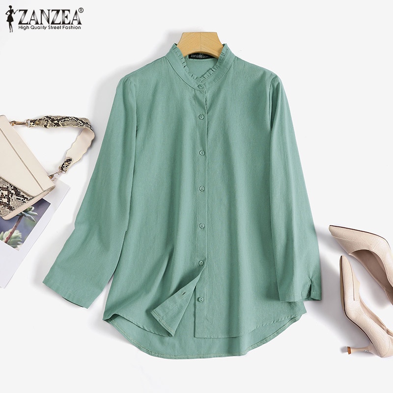 Áo sơ mi ZANZEA tay dài cổ tròn màu trơn thời trang thanh lịch cho nữ