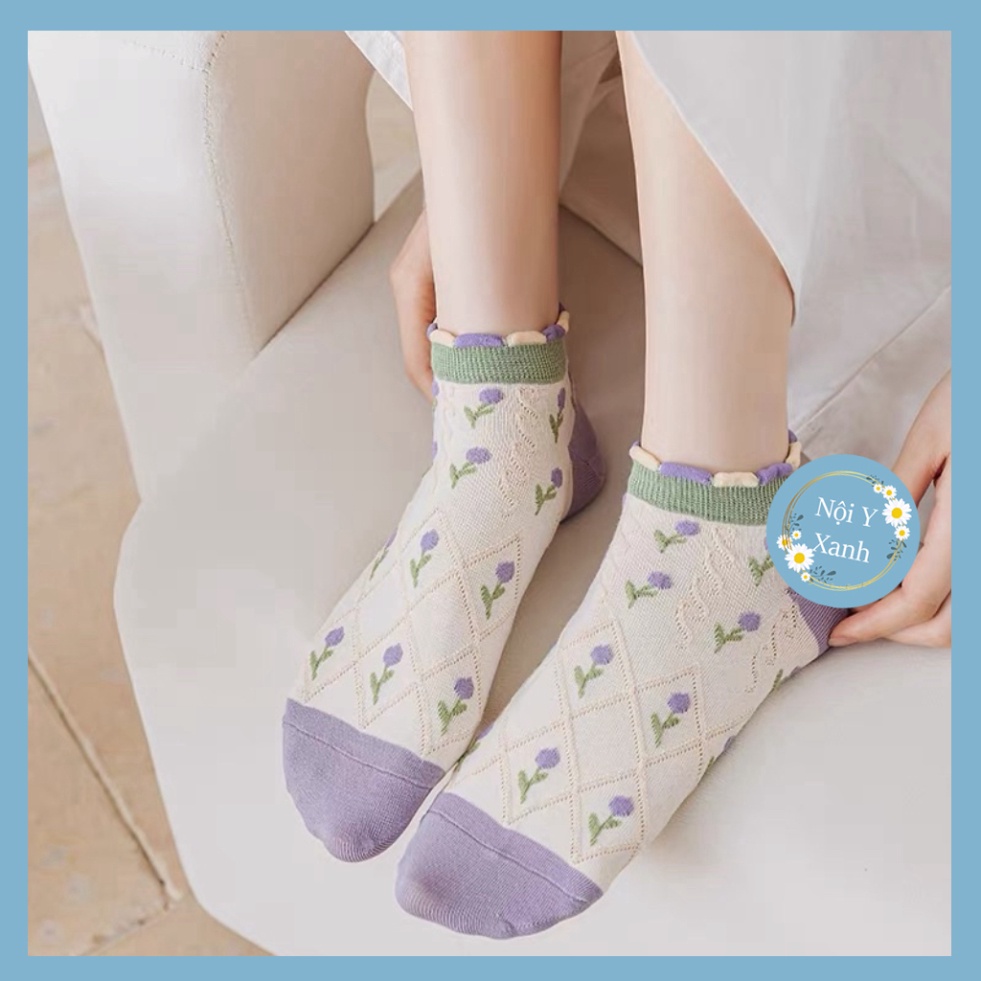 Tất vớ nữ thổ cẩm cổ bèo vật liệu vải Hàn giãn nở bốn chiều,họa tiết kute phong thái hiện đại nội y xanh, chất ấm, thoán