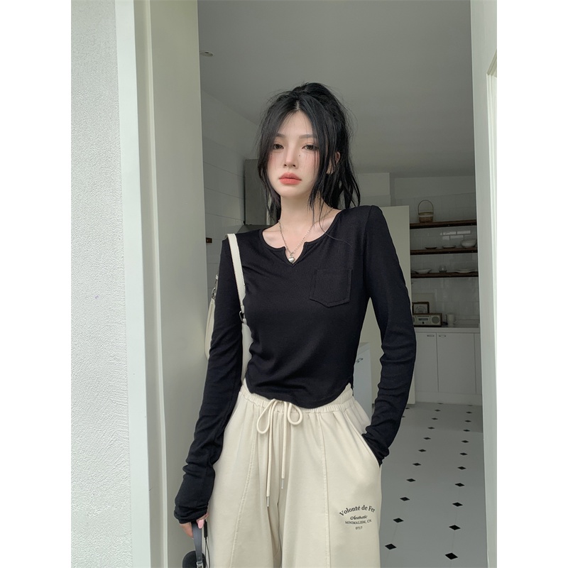 Áo Thun Mỏng Tay Dài Cổ Chữ V Màu Trơn 4 Màu Thời Trang Dành Cho Nữ