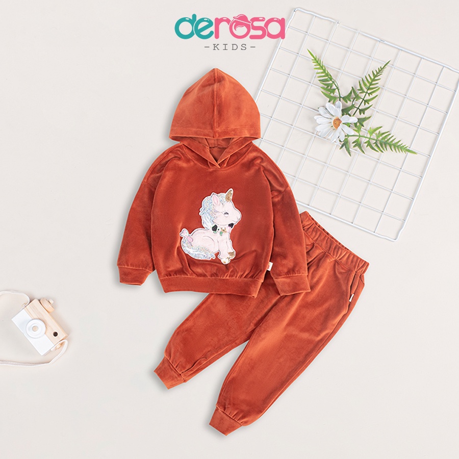 Bộ quần áo hoodie thu đông dài tay cho bé gái DEROSA KIDS chất liệu nhung từ 2 đến 6 tuổi AWKDZ806B