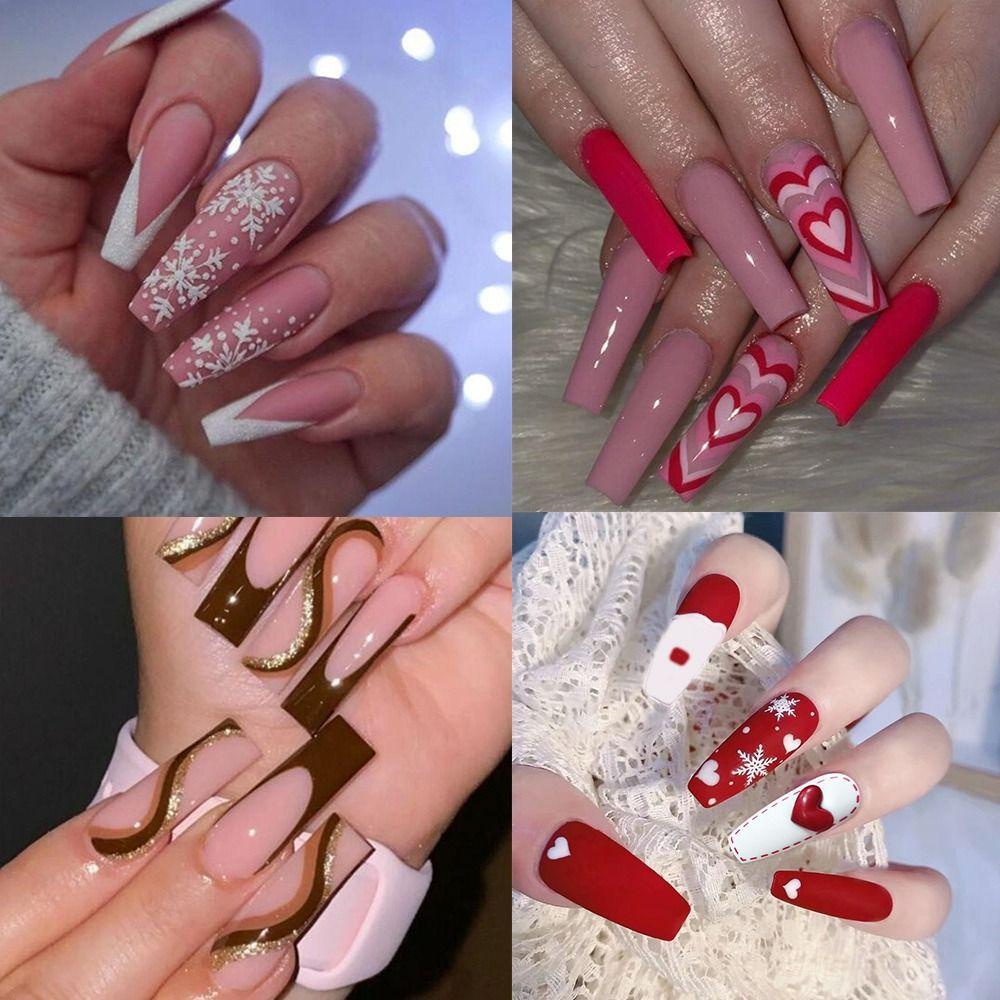 Set 24 Móng Tay Giả Hình Hoa Tuyết / Trái Tim Có Thể Tháo Rời DIY