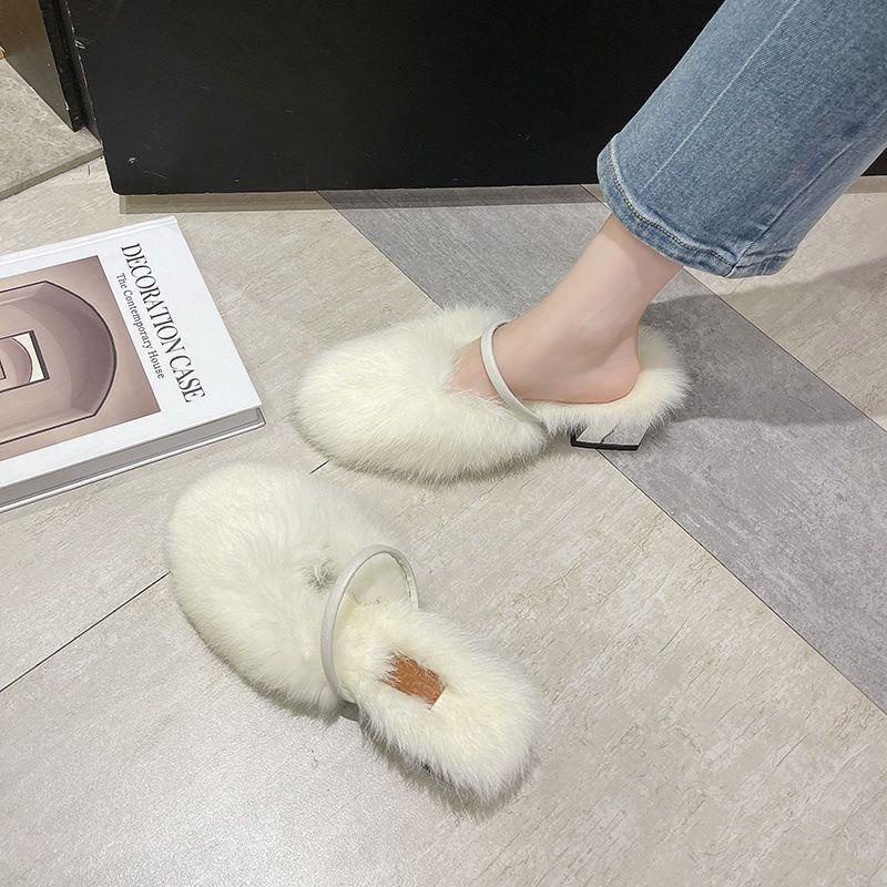 Dép cotton Bít Mũi Phối Lông Thỏ Gót Dày Mũi Tròn Thời Trang Thu Đông 2022 Mới Cho Nữ