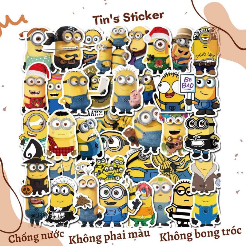 Set Combo 50 sticker MINIONS chống thấm nước decal dán nón bảo hiểm laptop xe máy đàn guitar bình giữ nhiệt