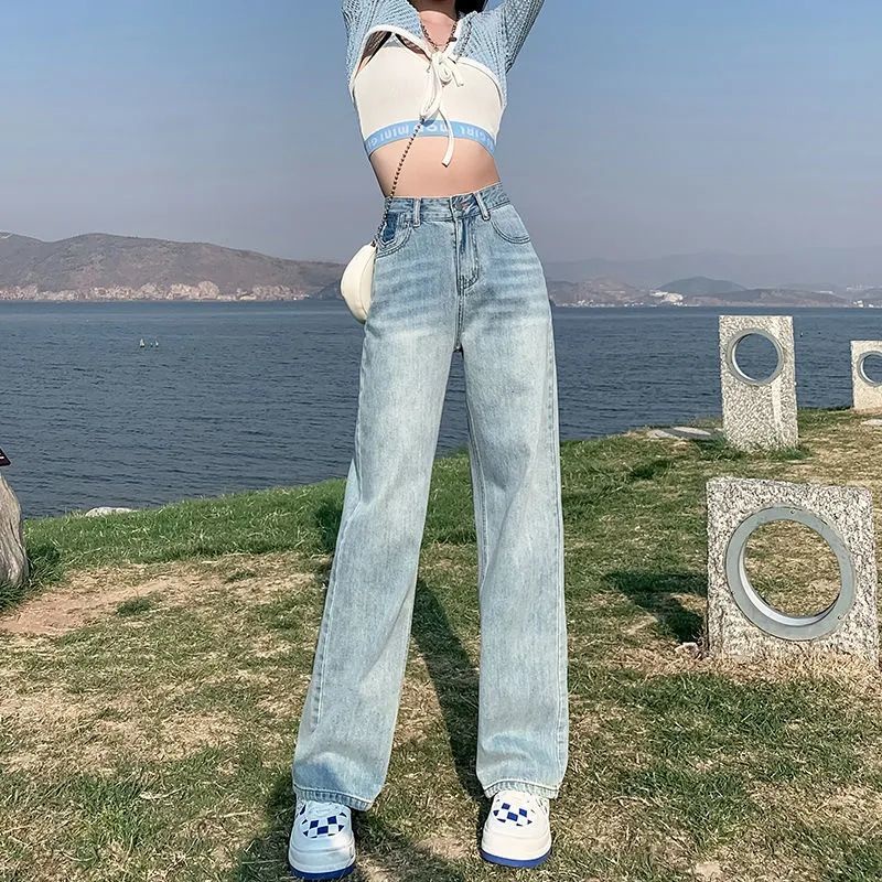 Jiashucheng Quần Jean Dài Lưng Cao Ống Rộng Phối Rách Thời Trang Mùa Hè Cho Nữ