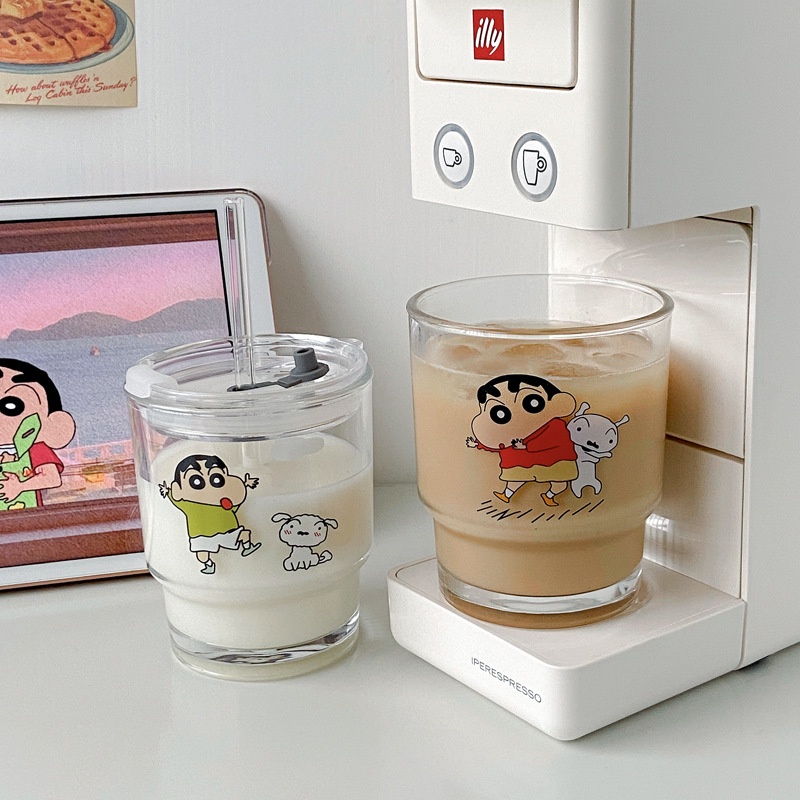 Cốc Thủy Tinh Uống Nước 450ml Họa Tiết Hoạt Hình Cậu Bé Bút Chì Shin-Chan Dễ Thương