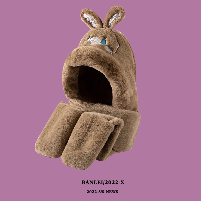 Khăn Choàng Cổ Ba Mảnh Có Nón Tai Thỏ Dài Dễ Thương Giữ Ấm Mùa Đông Phong Cách Hàn Quốc Dành Cho Bé Gái