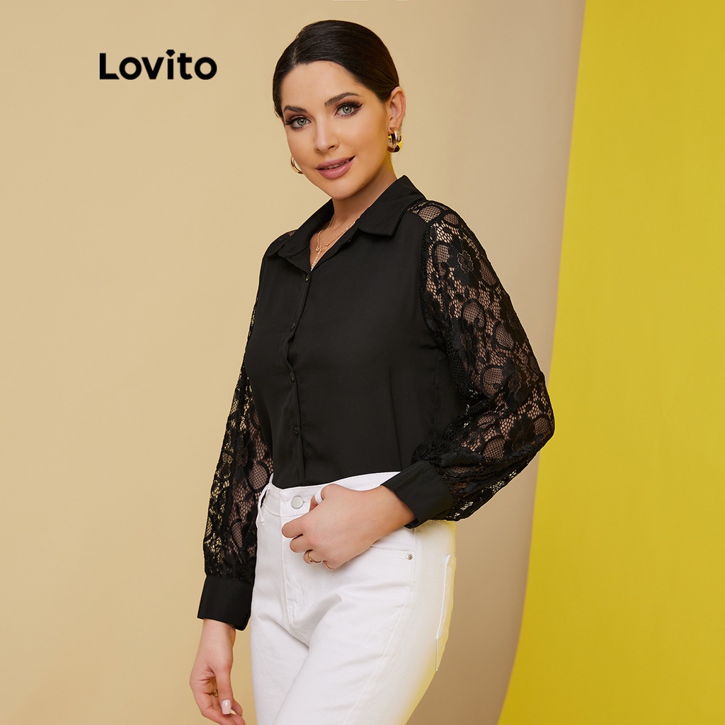 18de-Áo kiểu Lovito có cổ phối ren tương phản thanh lịch L17X345 (màu đen)