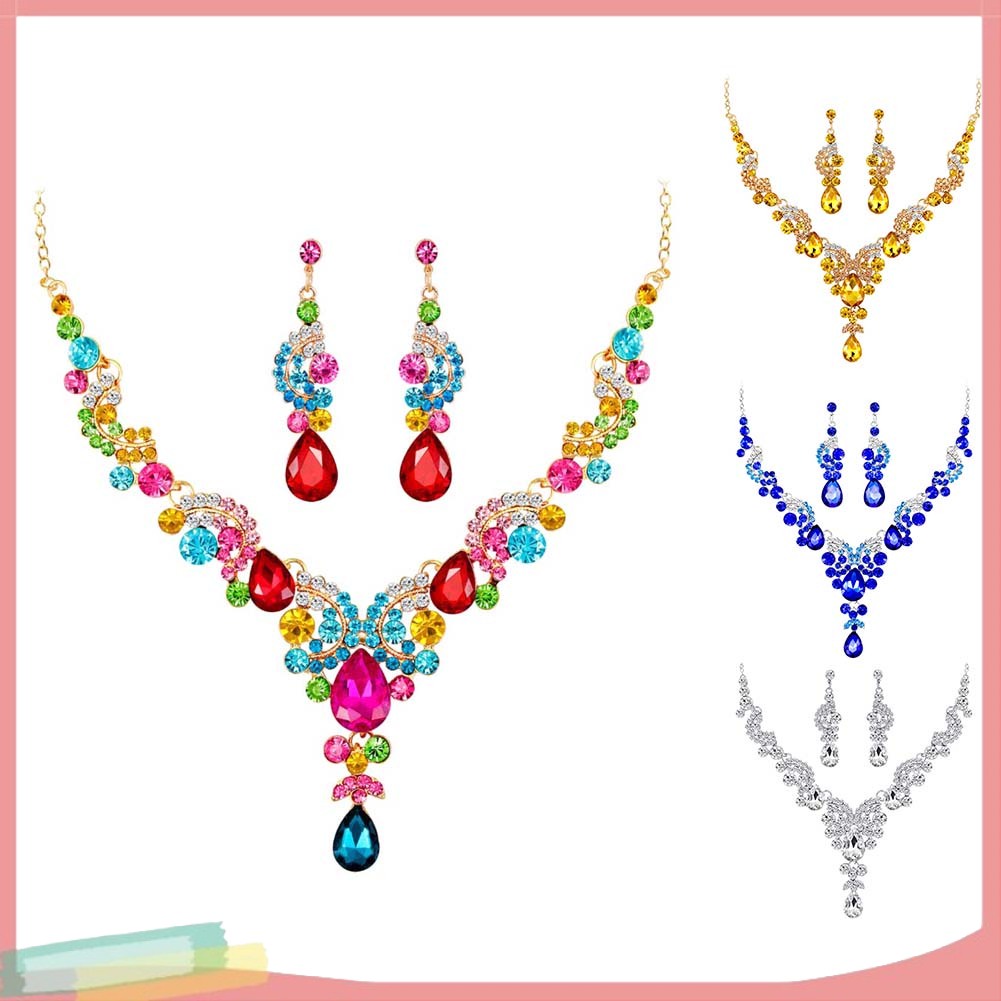 Bộ 2 Vòng cổ Và Đôi Khuyên Tai Hình Bán Nguyệt Đính Đá Sang Trọng Cho Nữ