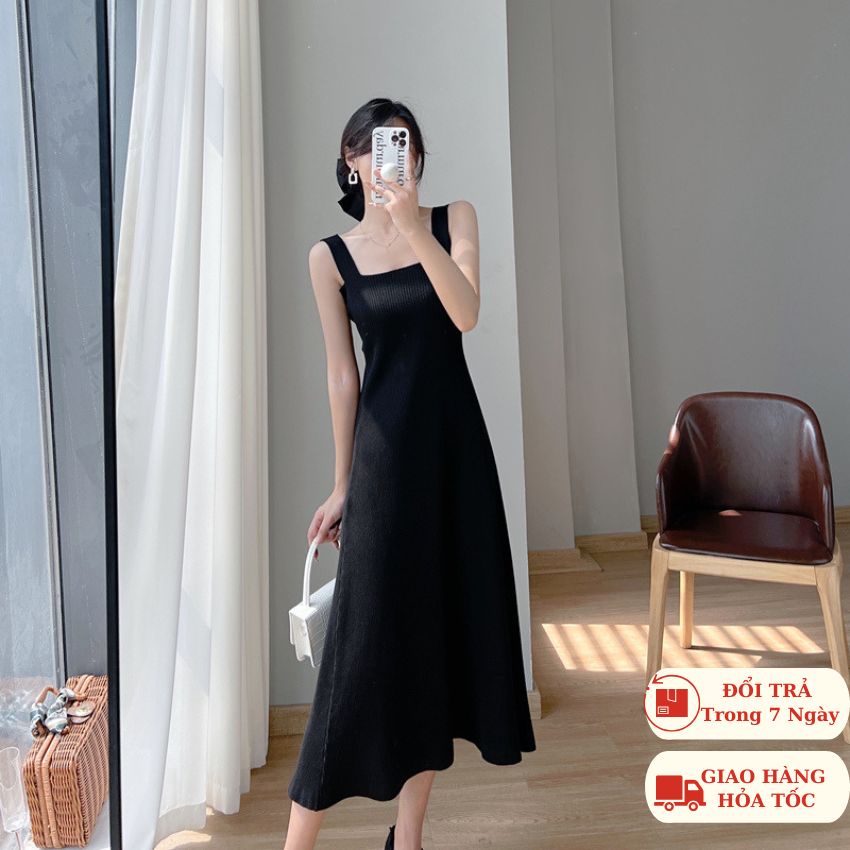 Đầm hai dây bảng dáng dài chất thun gân- Ringu shop