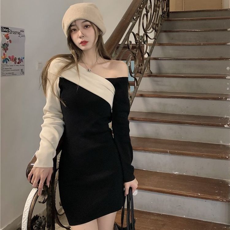 Đầm Trễ Vai Tay Dài Màu Sắc Tương Phản Phong Cách Hàn Quốc Thời Trang Mùa Thu Cho Nữ