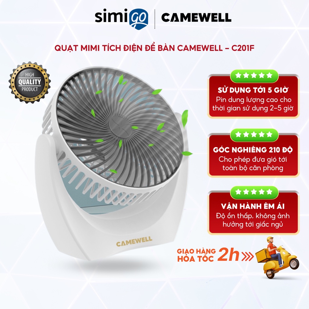 Quạt mini tích điện để bàn CameWell động cơ không tiếng ồn, xoay linh hoạt 210 độ, cổng sạc USB C201F