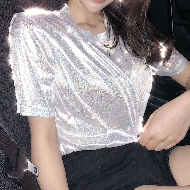 Áo Thun Lụa Sáng Bóng Tay Ngắn Dáng Rộng Phong Cách harajuku Mùa Hè Mới Cho Nữ