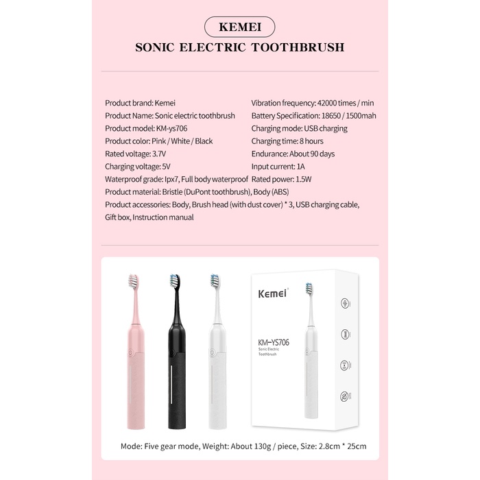 Bàn Chải Đánh Răng Sóng Siêu Âm Kemei Sạc USB IPX7 Chất Lượng Cao