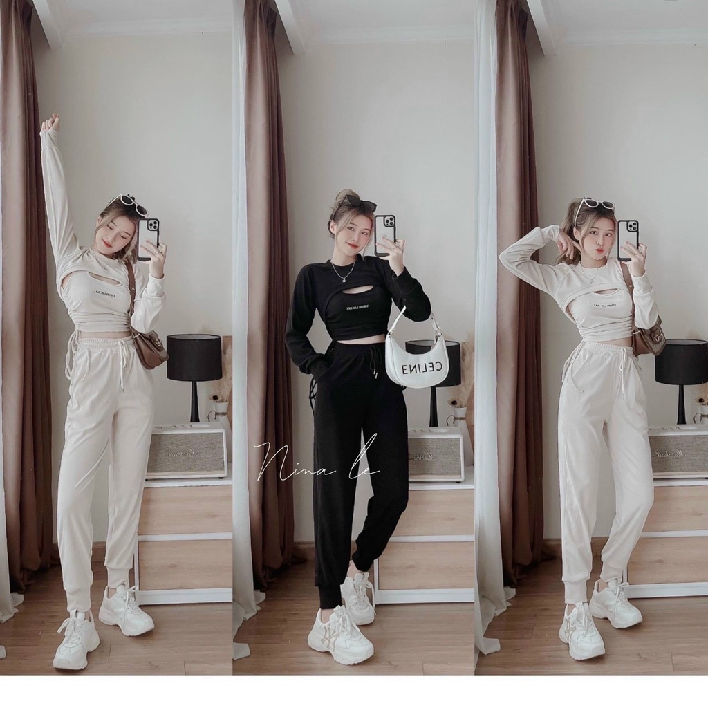 [11.11 Sale Freeship] Set bộ áo croptop cổ tròn tay dài hở ngực in hình chữ,quần ống túm dây thun đi chơi dạo phố sexy